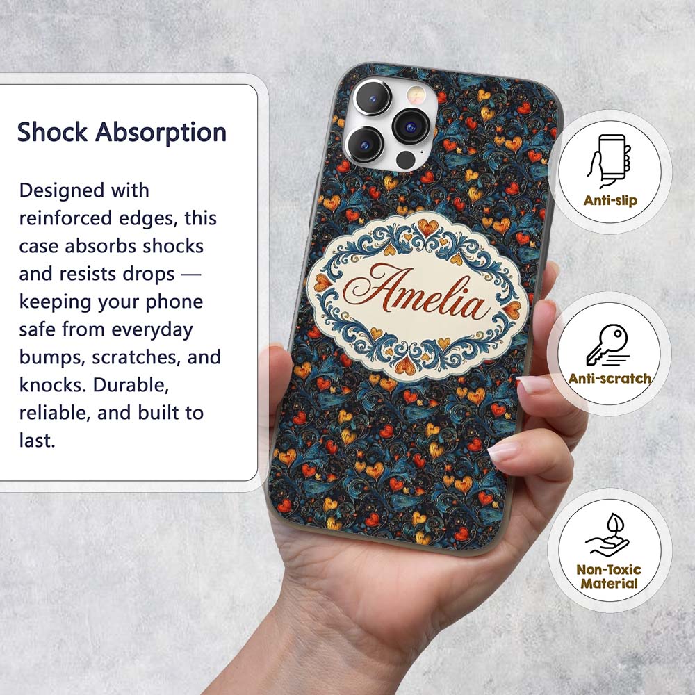 Elegant Dark Floral Hearts Ornamental on Black Custom Name Protective Phone Case Mobile Cover Durable Everyday Smartphone Shock Resistant