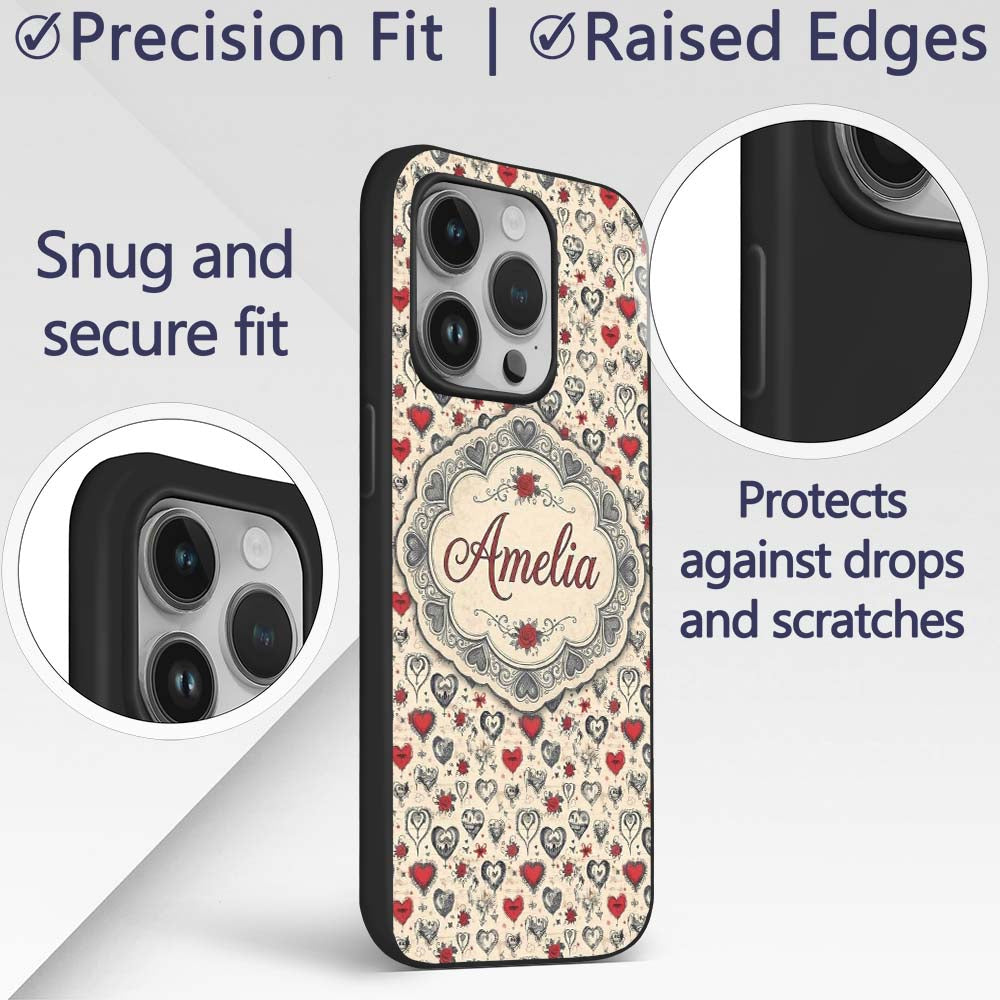 Vintage Gothic Hearts Skulls and Roses Tattoo Custom Name Protective Phone Case Mobile Cover Durable Everyday Smartphone Shock Resistant