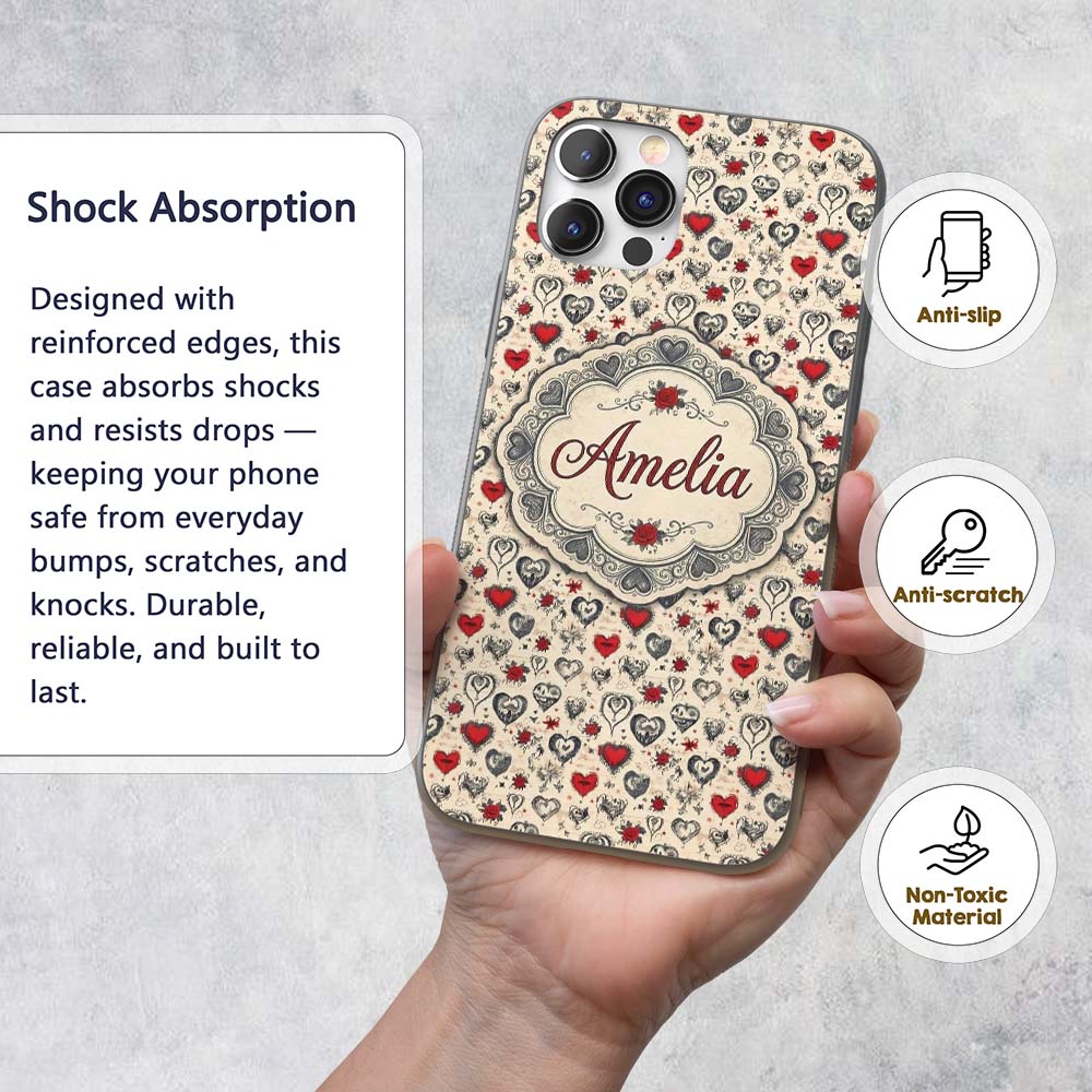 Vintage Gothic Hearts Skulls and Roses Tattoo Custom Name Protective Phone Case Mobile Cover Durable Everyday Smartphone Shock Resistant