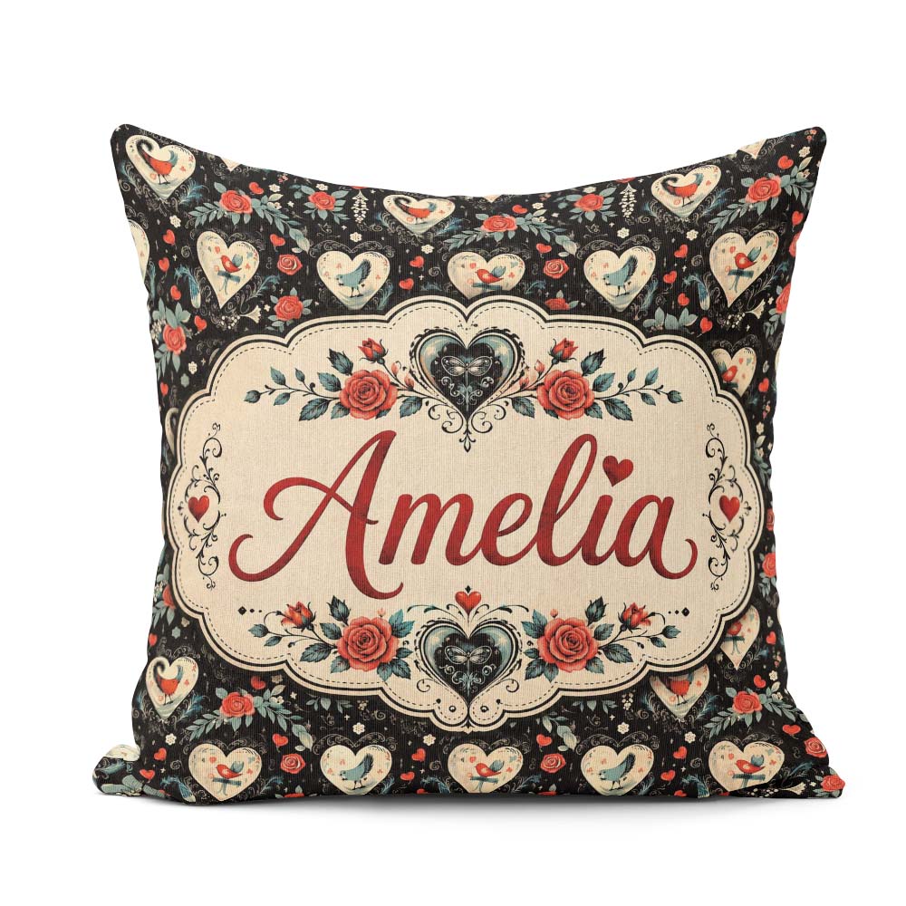 Custom Name Birds Hearts and Roses on Black Background Romantic Square Filled Cushion Throw Pillow Sofa Bed Home Decor Zip Washable UK Made