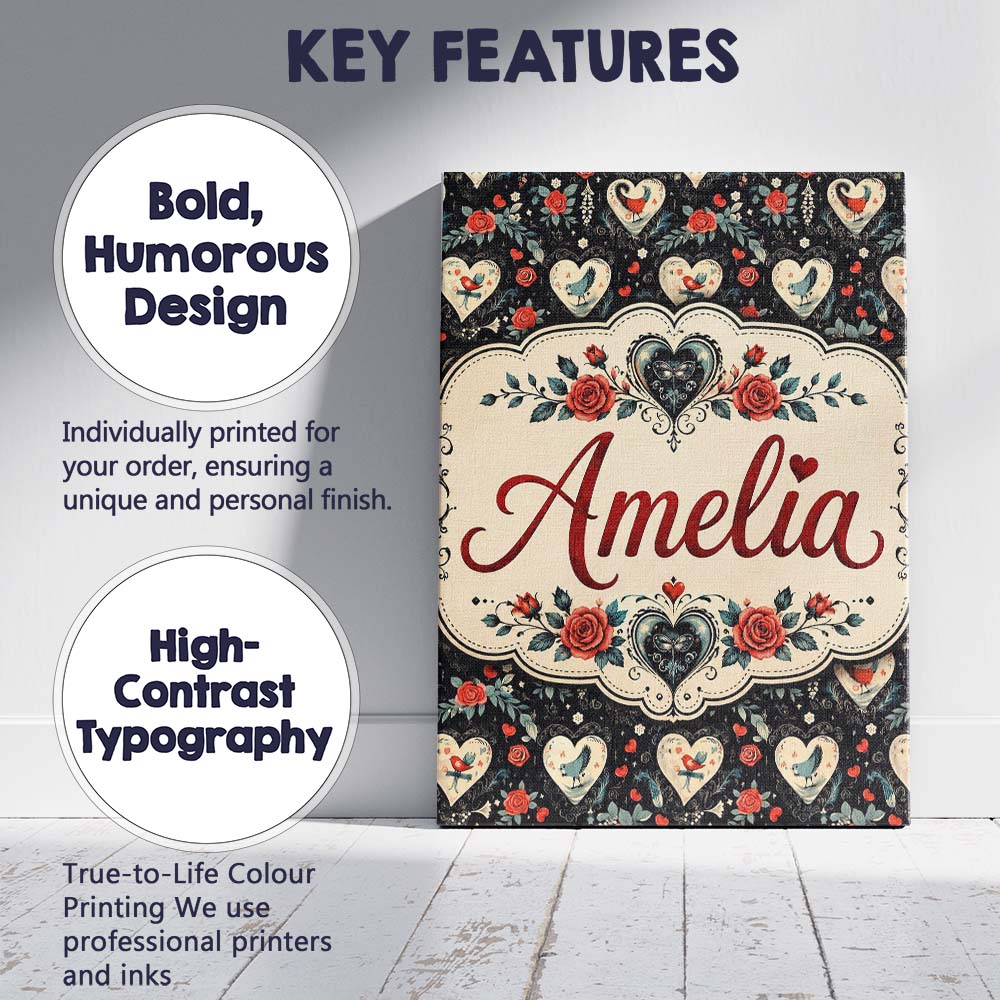 Personalised Name Cute Birds Hearts and Custom Modern Room Accent Elegant Feature Canvas Wall Art Print Decor Picture Ready to Hang