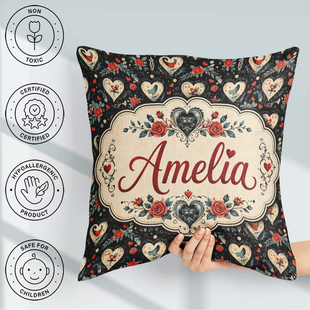 Custom Name Birds Hearts and Roses on Black Background Romantic Square Filled Cushion Throw Pillow Sofa Bed Home Decor Zip Washable UK Made