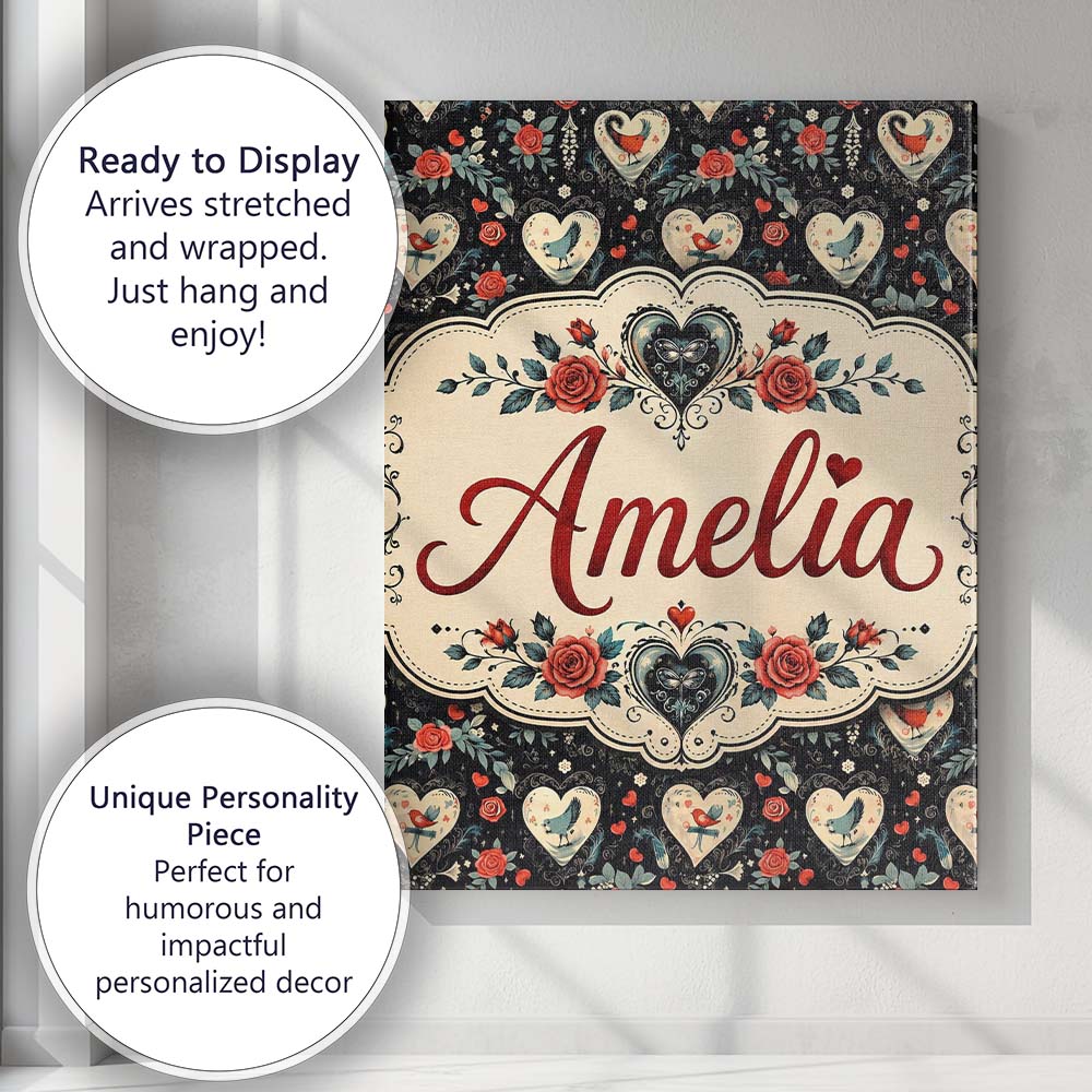 Personalised Name Cute Birds Hearts and Custom Modern Room Accent Elegant Feature Canvas Wall Art Print Decor Picture Ready to Hang