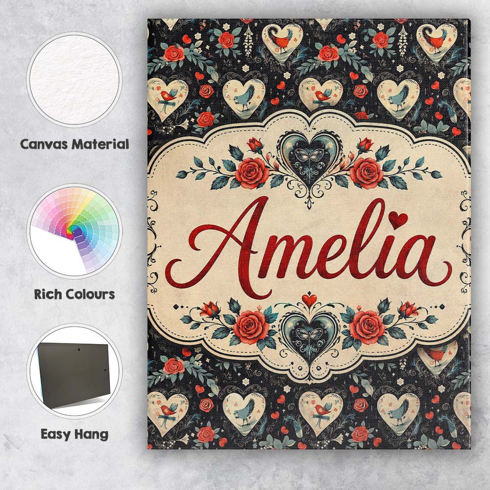Personalised Name Cute Birds Hearts and Custom Modern Room Accent Elegant Feature Canvas Wall Art Print Decor Picture Ready to Hang