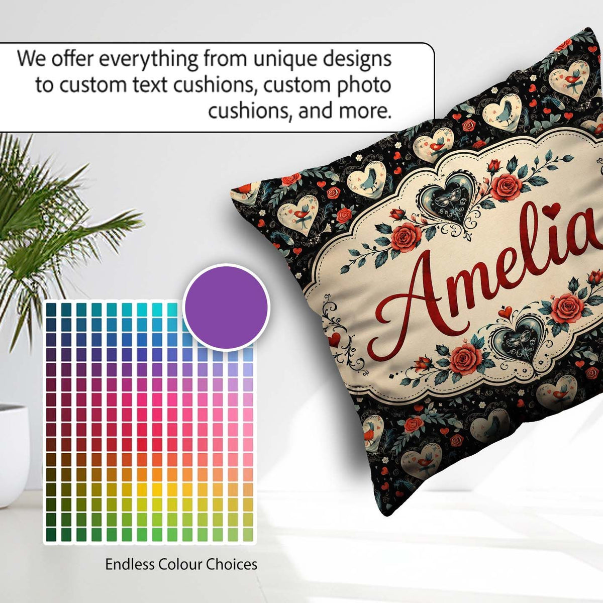 Custom Name Birds Hearts and Roses on Black Background Romantic Square Filled Cushion Throw Pillow Sofa Bed Home Decor Zip Washable UK Made