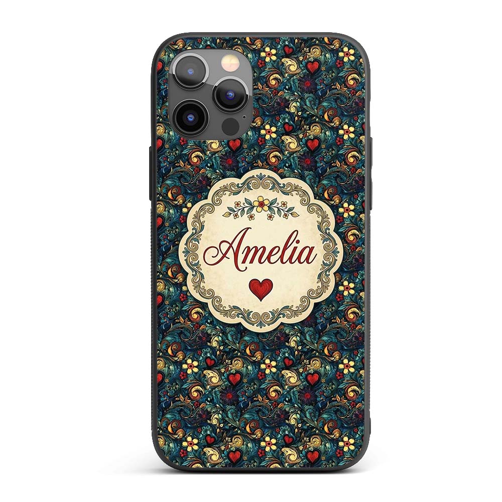 Ornate Floral Swirl Hearts on Dark Background Custom Name Protective Phone Case Mobile Cover Durable Everyday Smartphone Shock Resistant