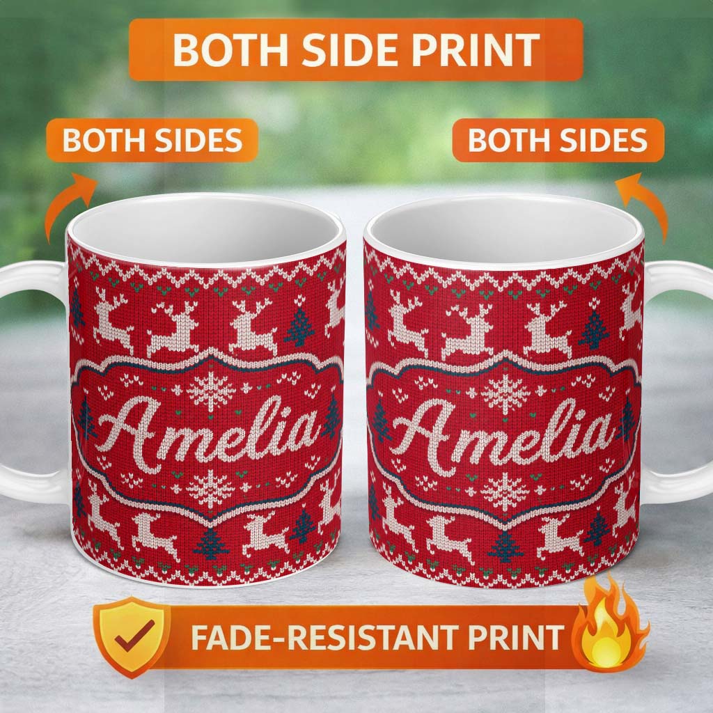 Personalized Custom Name Classic Red Knit Reindeer Snowflake Pattern Christmas Sweater Style 11oz Ceramic Coffee Tea Mug White Large Handle