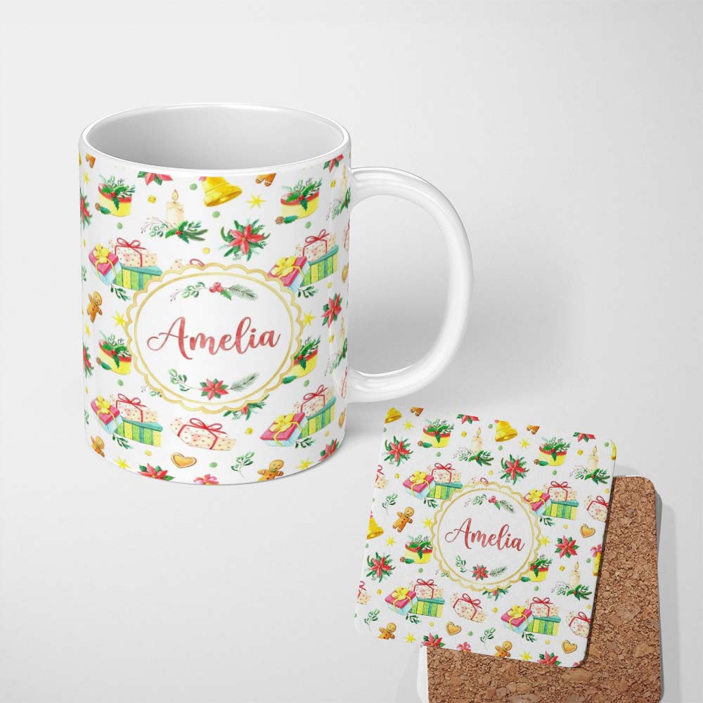 Personalized Custom Name Watercolor Christmas Gifts Candle Poinsettia Seamless Pattern Lovely 11oz Ceramic Coffee Tea Mug White Large Handle