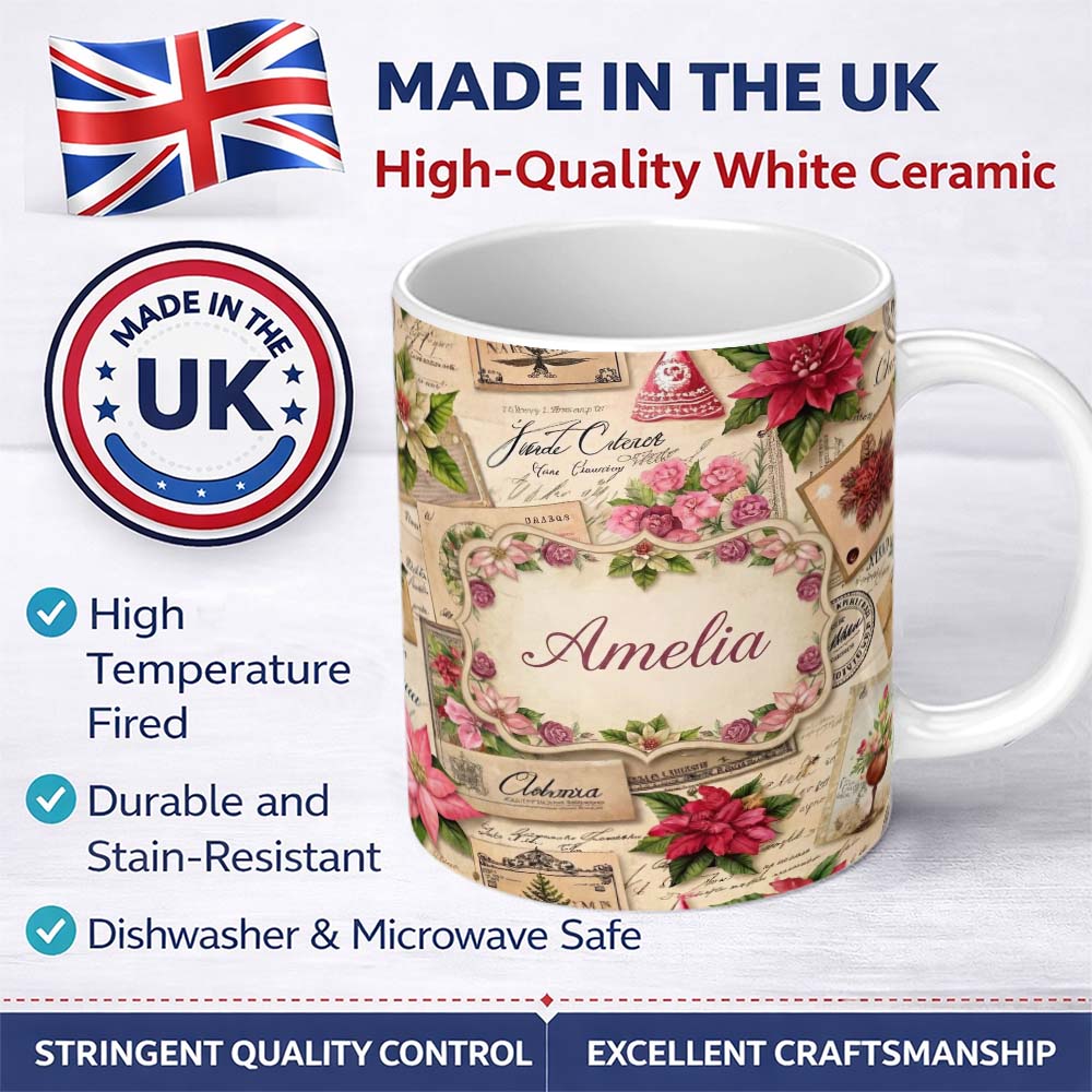 Personalized Custom Name Vintage Floral Christmas Cards Poinsettia Roses and Antique Paper 11oz Ceramic Coffee Tea Mug White Large Handle