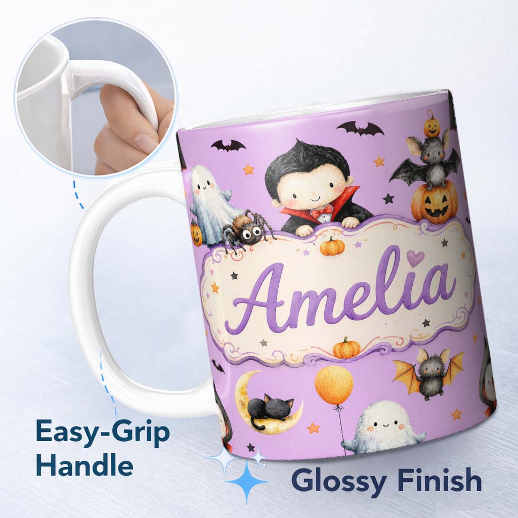 Personalized Custom Name Cute Halloween Dracula Ghost Bats on Purple Background Seamless 11oz Ceramic Coffee Tea Mug White Large Handle