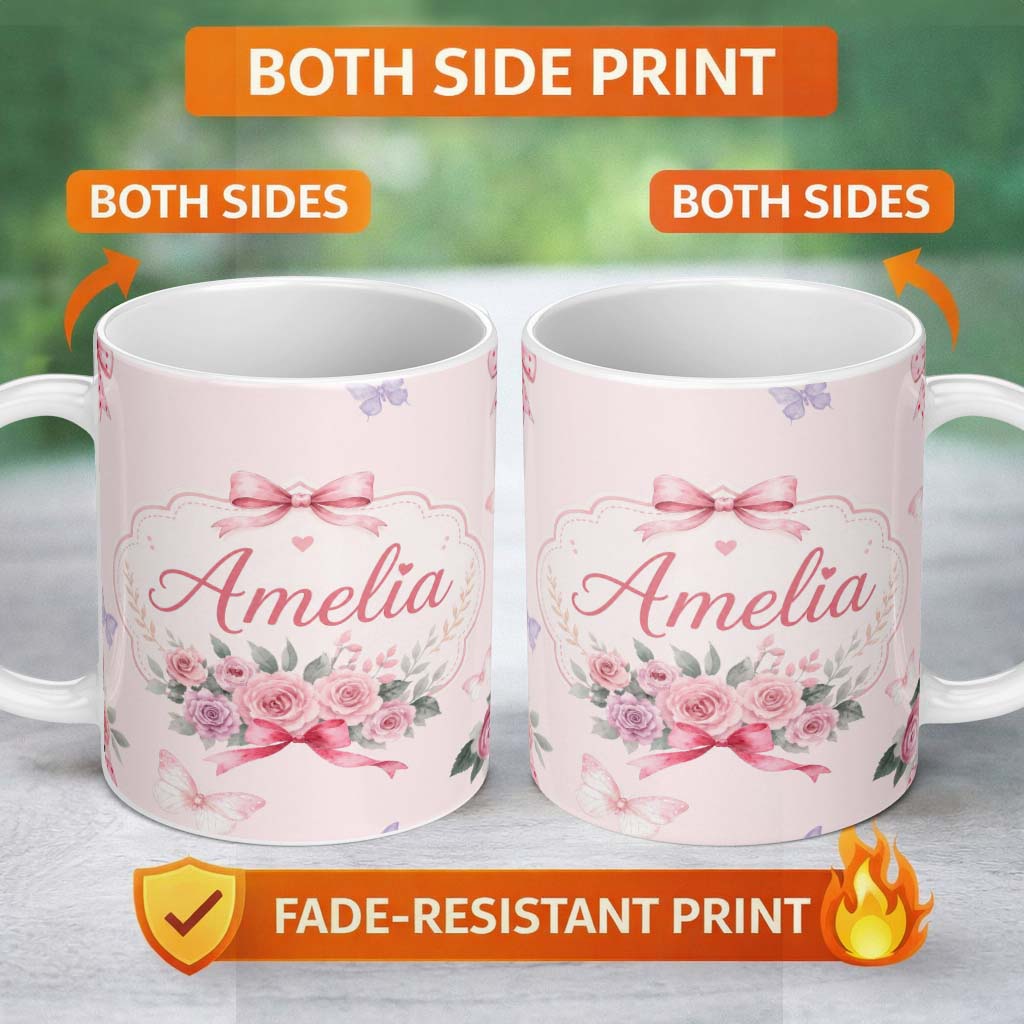 Personalized Custom Name Elegant Watercolor Rose Bouquet Ribbon Butterfly Soft Beige Lovely 11oz Ceramic Coffee Tea Mug White Large Handle