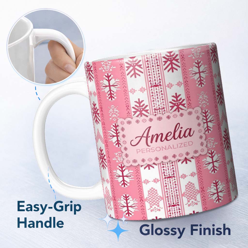 Personalized Custom Name Scandinavian Pink Snowflake Nordic Seamless Pattern Cute Unique Gift 11oz Ceramic Coffee Tea Mug White Large Handle