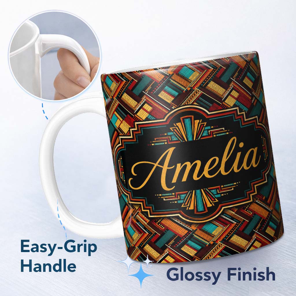 Personalized Custom Name Colorful Geometric Patchwork Abstract Seamless Pattern Lovely 11oz Ceramic Coffee Tea Mug White Large Handle