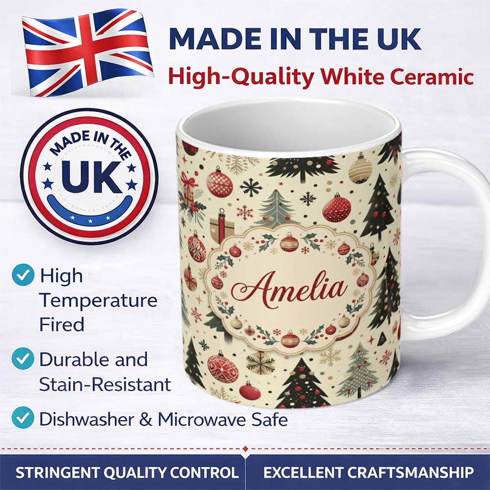 Personalized Custom Name Modern Christmas Tree Ornament Snowflake Festive Seamless Pattern 11oz Ceramic Coffee Tea Mug White Large Handle
