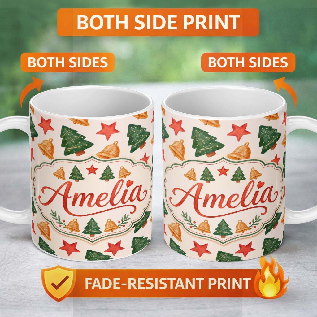 Personalized Custom Name Watercolor Christmas Tree Star Bell Minimal Holiday Seamless Pattern 11oz Ceramic Coffee Tea Mug White Large Handle