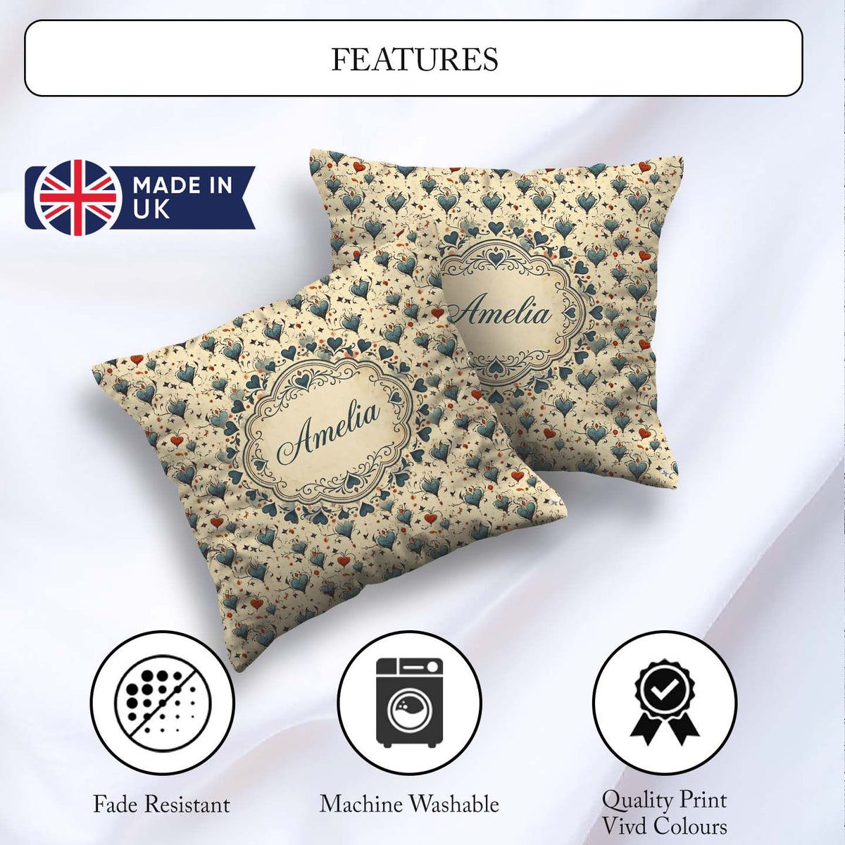 Custom Name Elegant Blue Hearts Vine Pattern on Beige Background Square Filled Cushion Throw Pillow Sofa Bed Home Decor Zip Washable UK Made