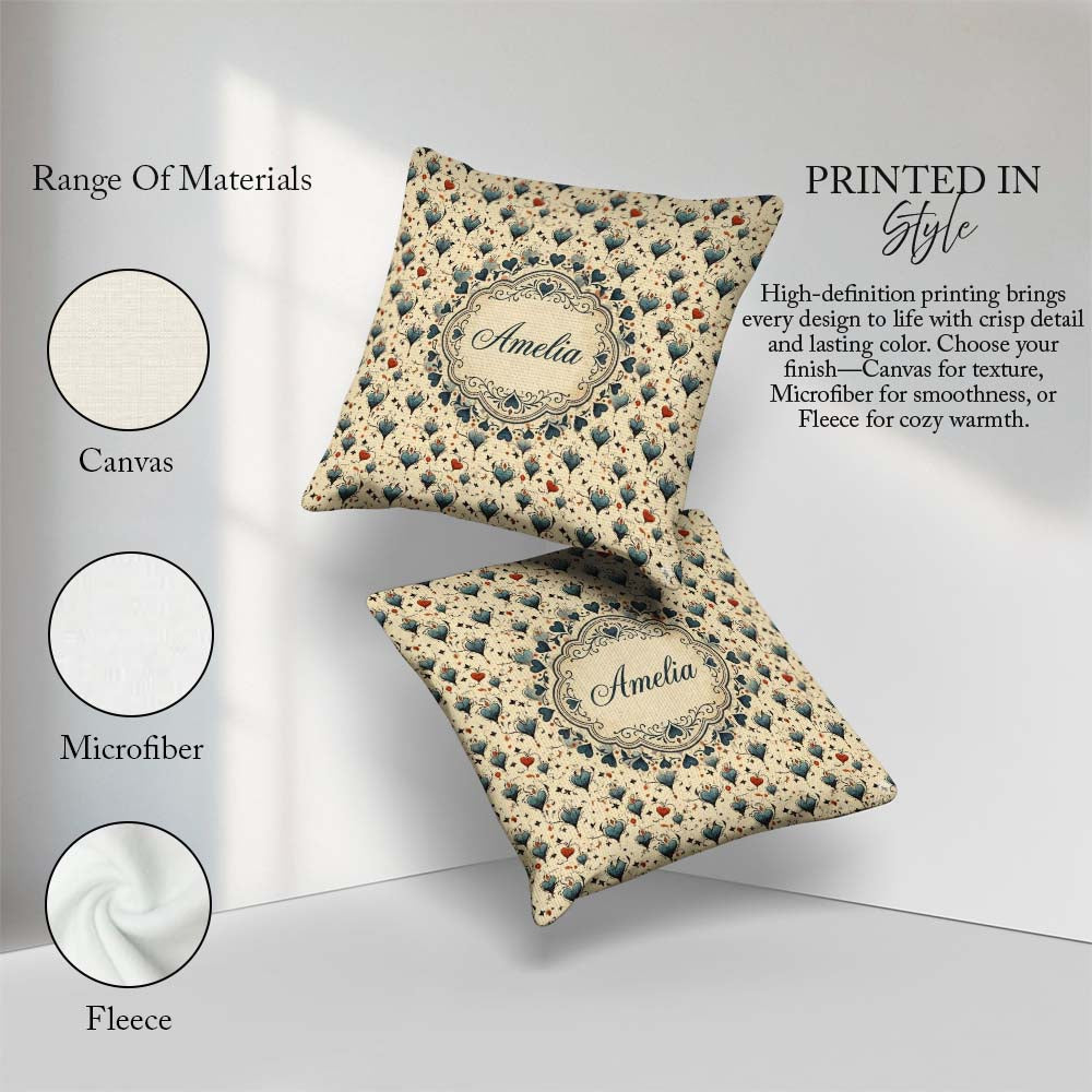 Custom Name Elegant Blue Hearts Vine Pattern on Beige Background Square Filled Cushion Throw Pillow Sofa Bed Home Decor Zip Washable UK Made