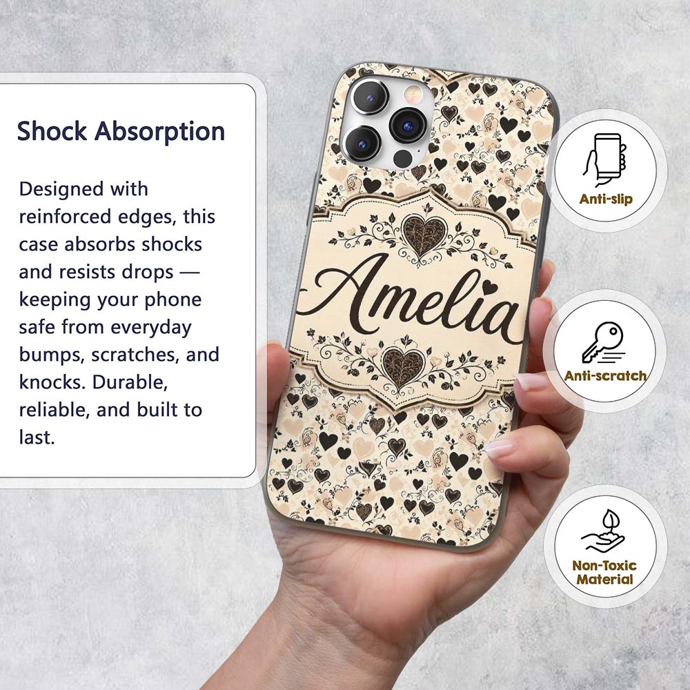 Vintage Beige and Brown Floral Printed Design Custom Name Protective Phone Case Mobile Cover Durable Everyday Smartphone Shock Resistant