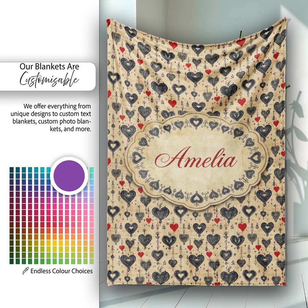 Grunge Gothic Heart and Red Accent Ornamental Seamless Pattern Personalised Custom Name Super Soft Fleece Blanket Bed Sofa Throw