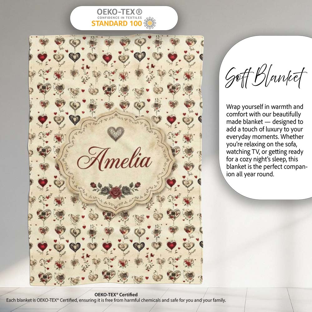 Elegant Vintage Hanging Heart and Floral Vine Seamless Pattern Personalised Custom Name Super Soft Fleece Blanket Bed Sofa Throw