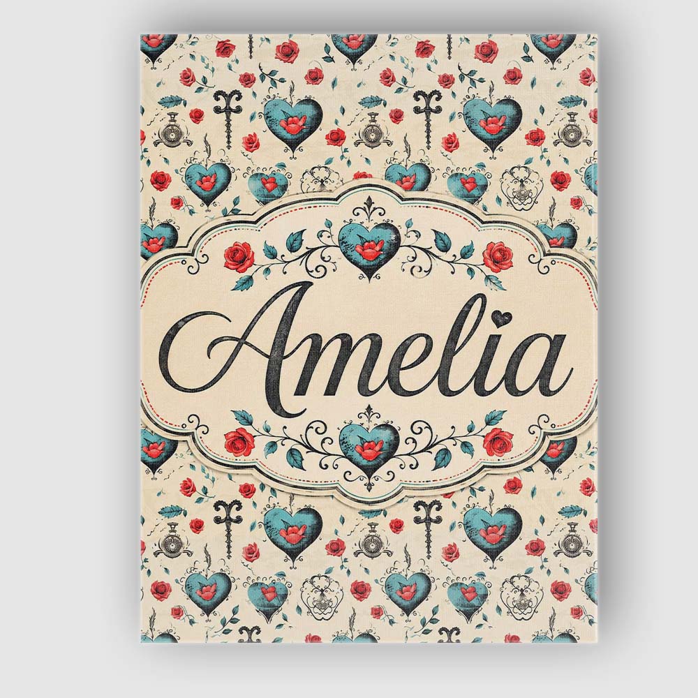 Personalised Name Blue Heart Rose and Key Custom Unique Gift Idea Elegant Feature Canvas Wall Art Print Decor Picture Ready to Hang