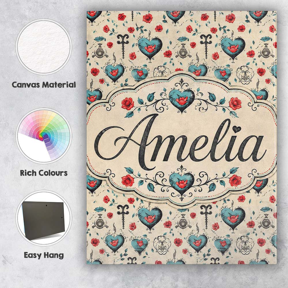 Personalised Name Blue Heart Rose and Key Custom Unique Gift Idea Elegant Feature Canvas Wall Art Print Decor Picture Ready to Hang