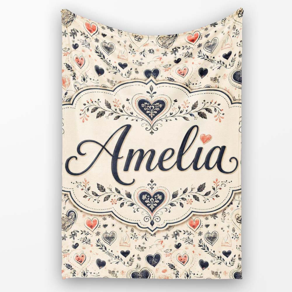 Delicate Hand Drawn Heart and Botanical Sketch Seamless Pattern Personalised Custom Name Super Soft Fleece Blanket Bed Sofa Throw