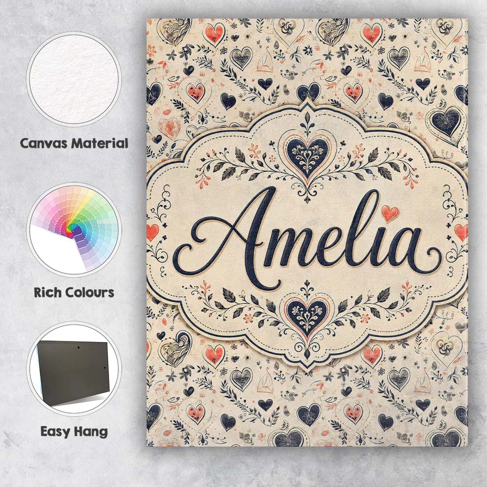 Personalised Name Delicate Hand Drawn Heart Custom Bespoke Interior Contemporary Canvas Wall Art Print Decor Picture Ready to Hang
