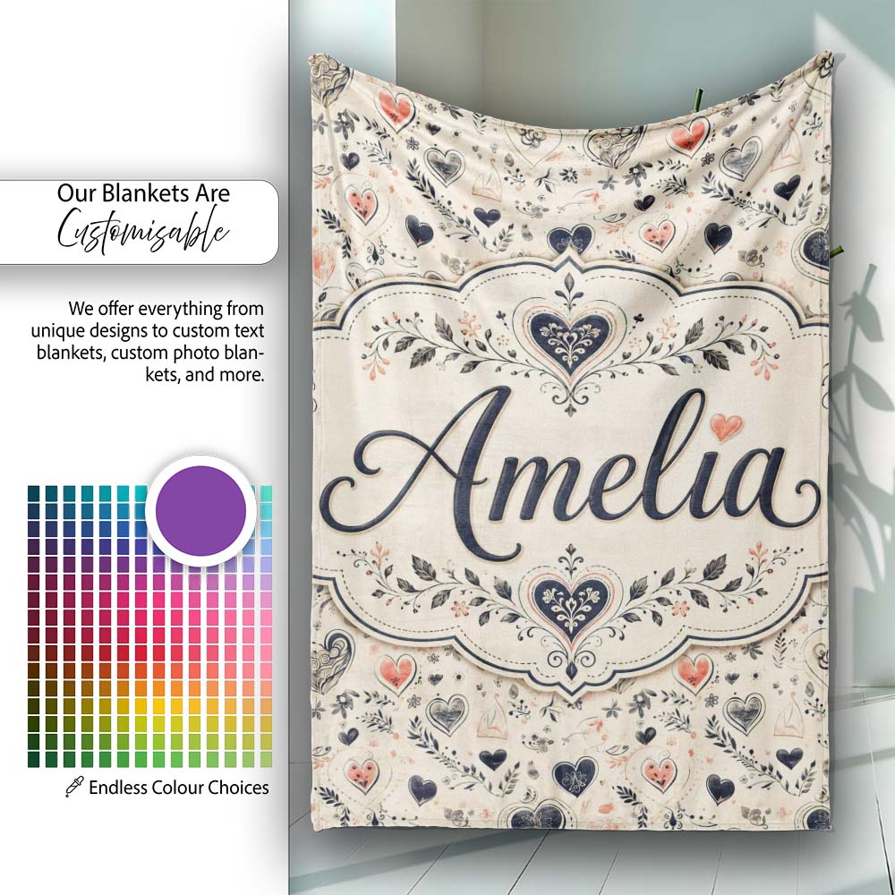 Delicate Hand Drawn Heart and Botanical Sketch Seamless Pattern Personalised Custom Name Super Soft Fleece Blanket Bed Sofa Throw