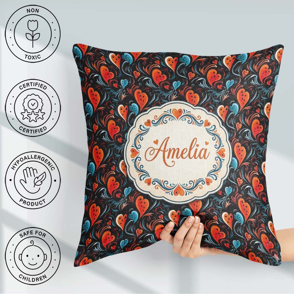 Custom Name Bold Abstract Orange and Blue Heart Seamless Pattern Square Filled Cushion Throw Pillow Sofa Bed Home Decor Zip Washable UK Made
