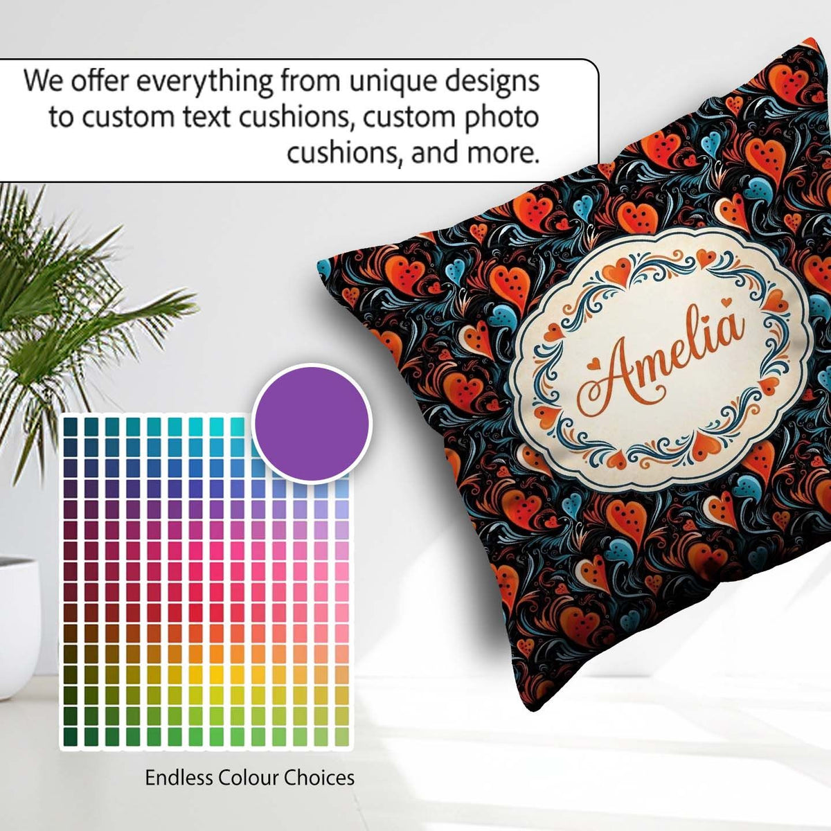 Custom Name Bold Abstract Orange and Blue Heart Seamless Pattern Square Filled Cushion Throw Pillow Sofa Bed Home Decor Zip Washable UK Made