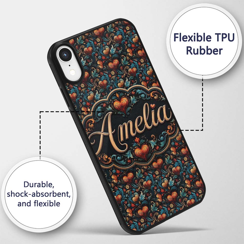 Luxurious Ornate Floral Heart Printed Design Custom Name Protective Phone Case Mobile Cover Durable Everyday Smartphone Shock Resistant