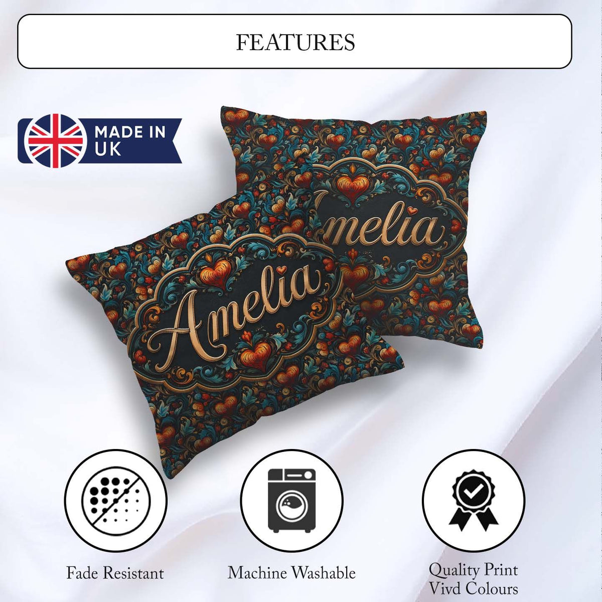 Custom Name Luxurious Ornate Floral Heart Baroque Style Seamless Square Filled Cushion Throw Pillow Sofa Bed Home Decor Zip Washable UK Made
