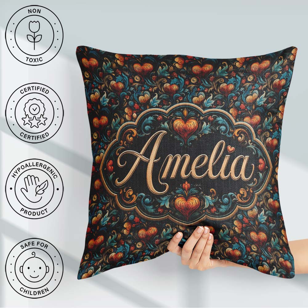 Custom Name Luxurious Ornate Floral Heart Baroque Style Seamless Square Filled Cushion Throw Pillow Sofa Bed Home Decor Zip Washable UK Made