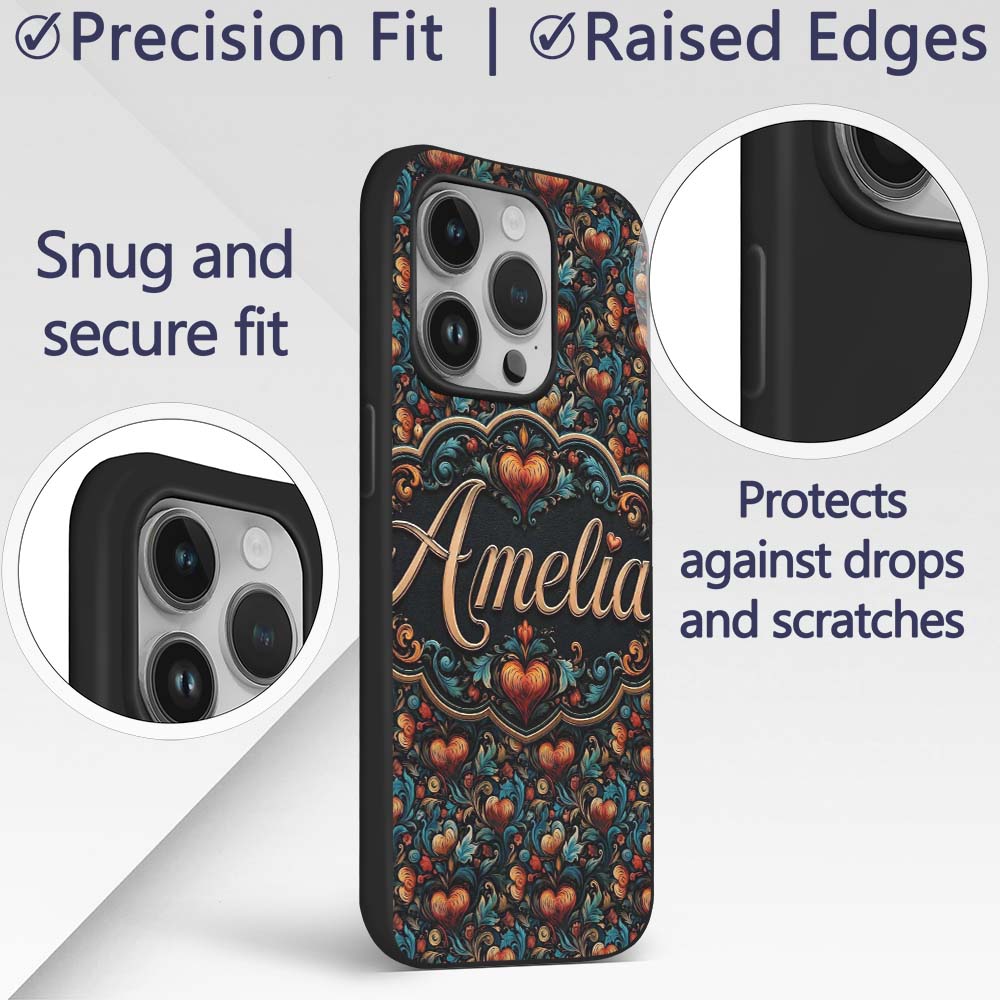 Luxurious Ornate Floral Heart Printed Design Custom Name Protective Phone Case Mobile Cover Durable Everyday Smartphone Shock Resistant