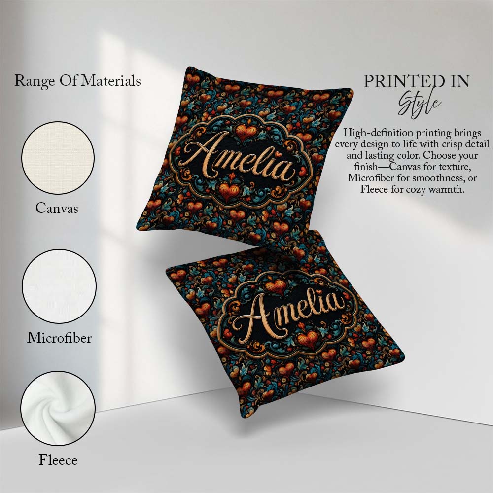 Custom Name Luxurious Ornate Floral Heart Baroque Style Seamless Square Filled Cushion Throw Pillow Sofa Bed Home Decor Zip Washable UK Made