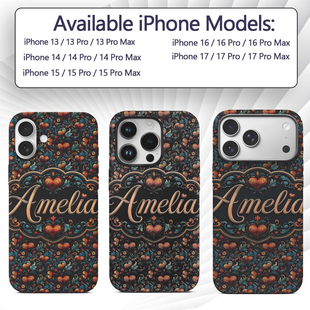Luxurious Ornate Floral Heart Printed Design Custom Name Protective Phone Case Mobile Cover Durable Everyday Smartphone Shock Resistant