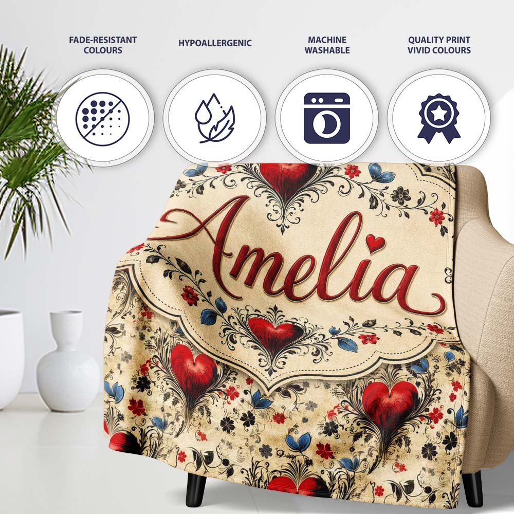 Vintage Red Heart Floral Swirl Ornamental Seamless Pattern Lovely Personalised Custom Name Super Soft Fleece Blanket Bed Sofa Throw