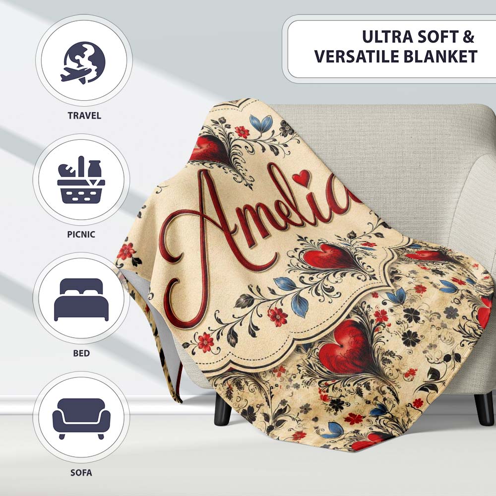 Vintage Red Heart Floral Swirl Ornamental Seamless Pattern Lovely Personalised Custom Name Super Soft Fleece Blanket Bed Sofa Throw