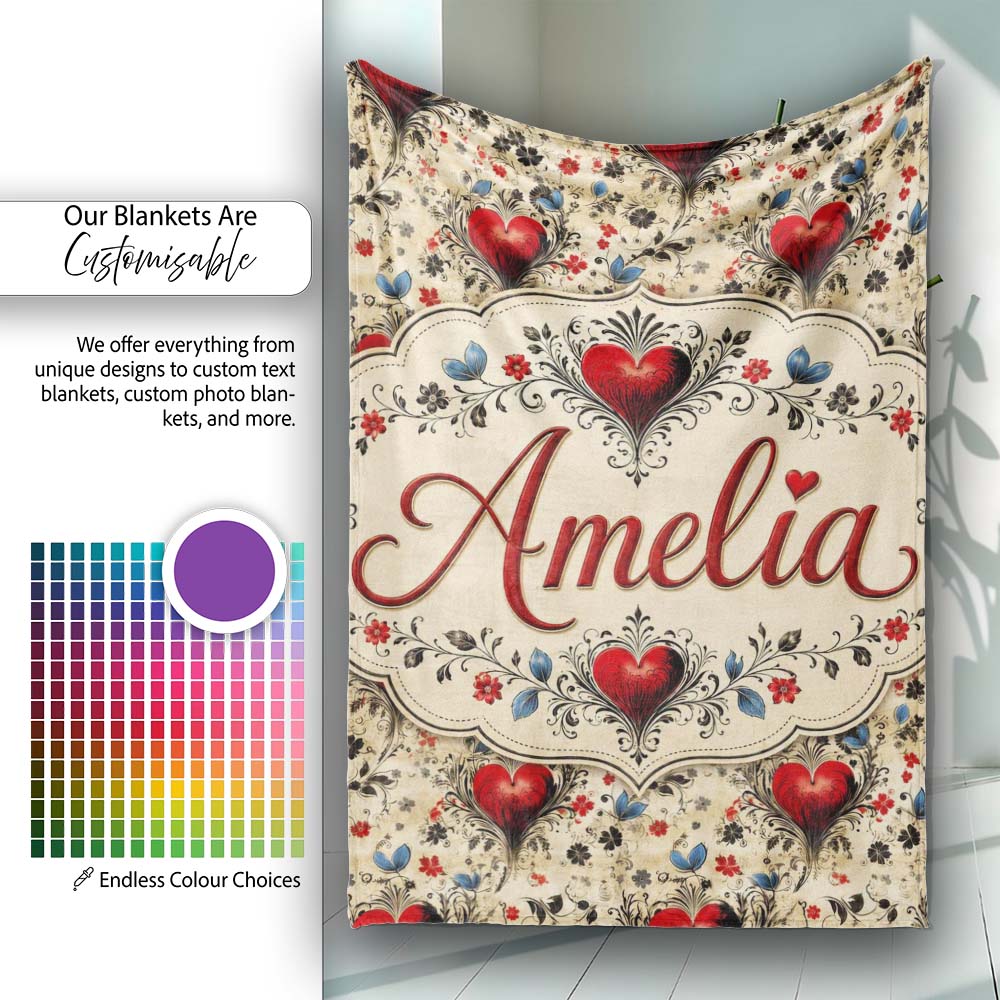 Vintage Red Heart Floral Swirl Ornamental Seamless Pattern Lovely Personalised Custom Name Super Soft Fleece Blanket Bed Sofa Throw