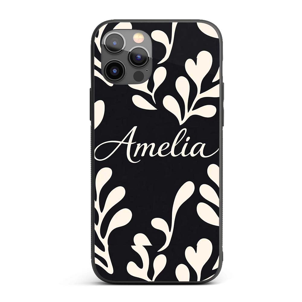 Midnight Botanical Flow Black Cream Abstract Leaf Custom Name Protective Phone Case Mobile Cover Durable Everyday Smartphone Shock Resistant