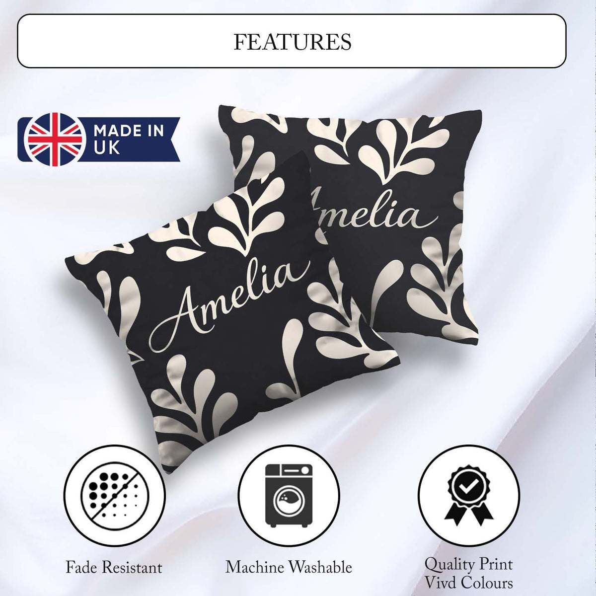 Custom Name Midnight Botanical Flow Black Cream Abstract Pattern Square Filled Cushion Throw Pillow Sofa Bed Home Decor Zip Washable UK Made