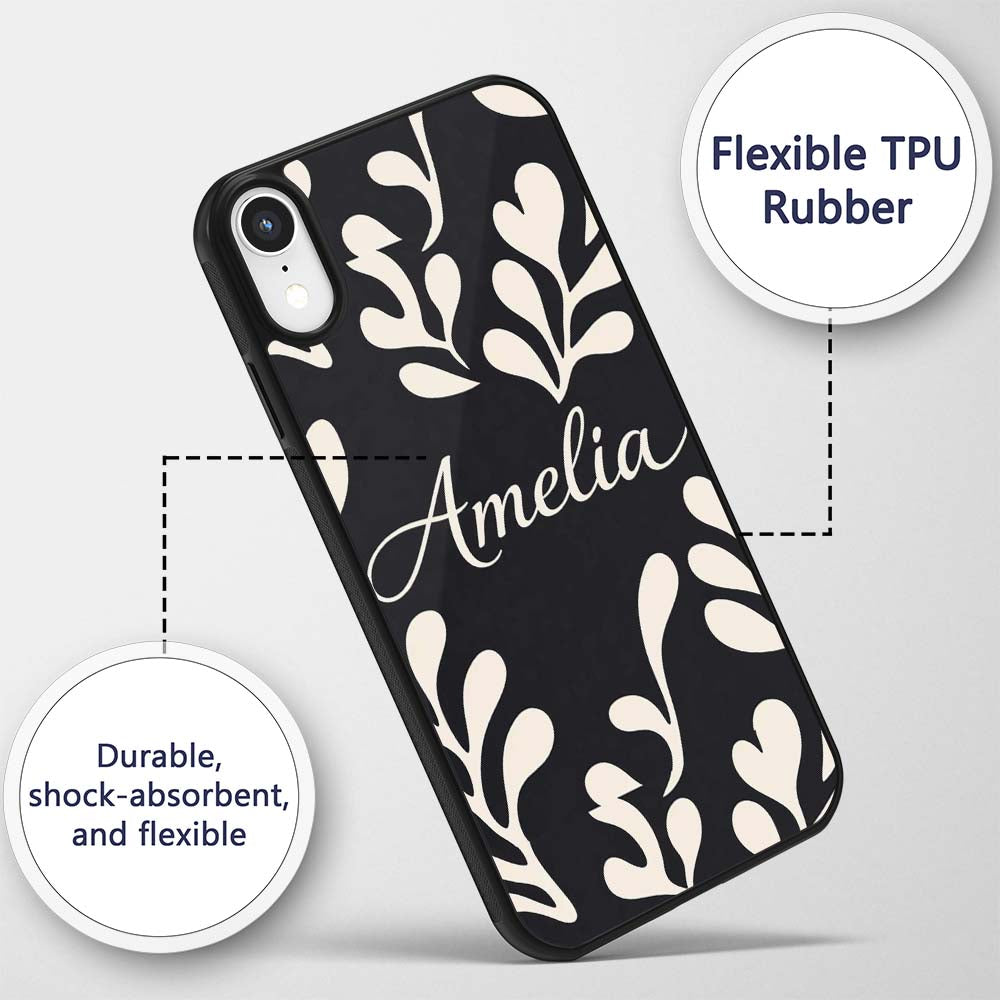 Midnight Botanical Flow Black Cream Abstract Leaf Custom Name Protective Phone Case Mobile Cover Durable Everyday Smartphone Shock Resistant
