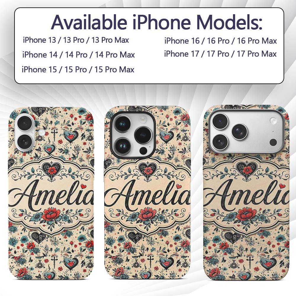 Vintage Floral Heart and Botanical Illustration Custom Name Protective Phone Case Mobile Cover Durable Everyday Smartphone Shock Resistant