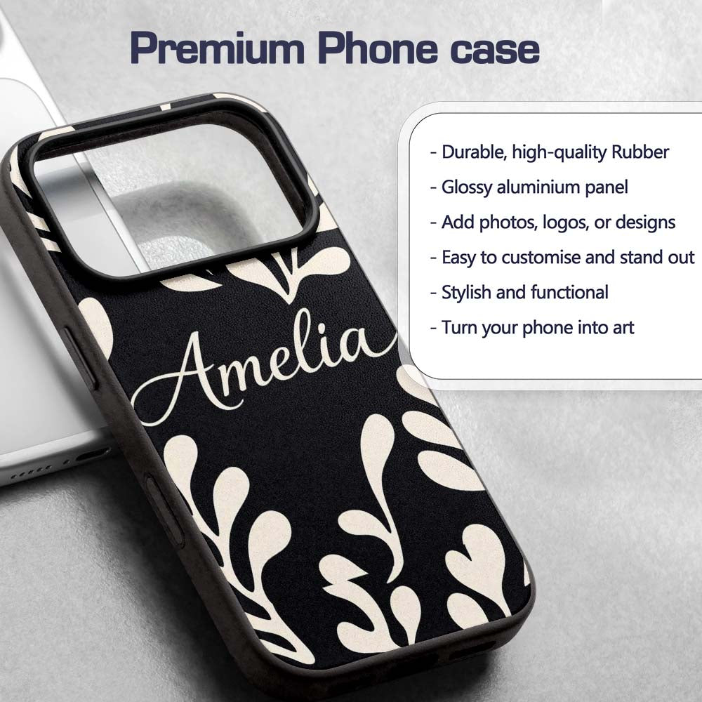 Midnight Botanical Flow Black Cream Abstract Leaf Custom Name Protective Phone Case Mobile Cover Durable Everyday Smartphone Shock Resistant