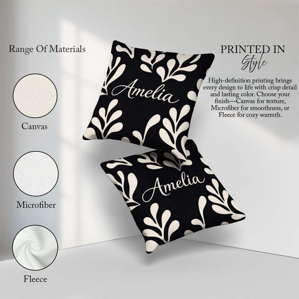 Custom Name Midnight Botanical Flow Black Cream Abstract Pattern Square Filled Cushion Throw Pillow Sofa Bed Home Decor Zip Washable UK Made