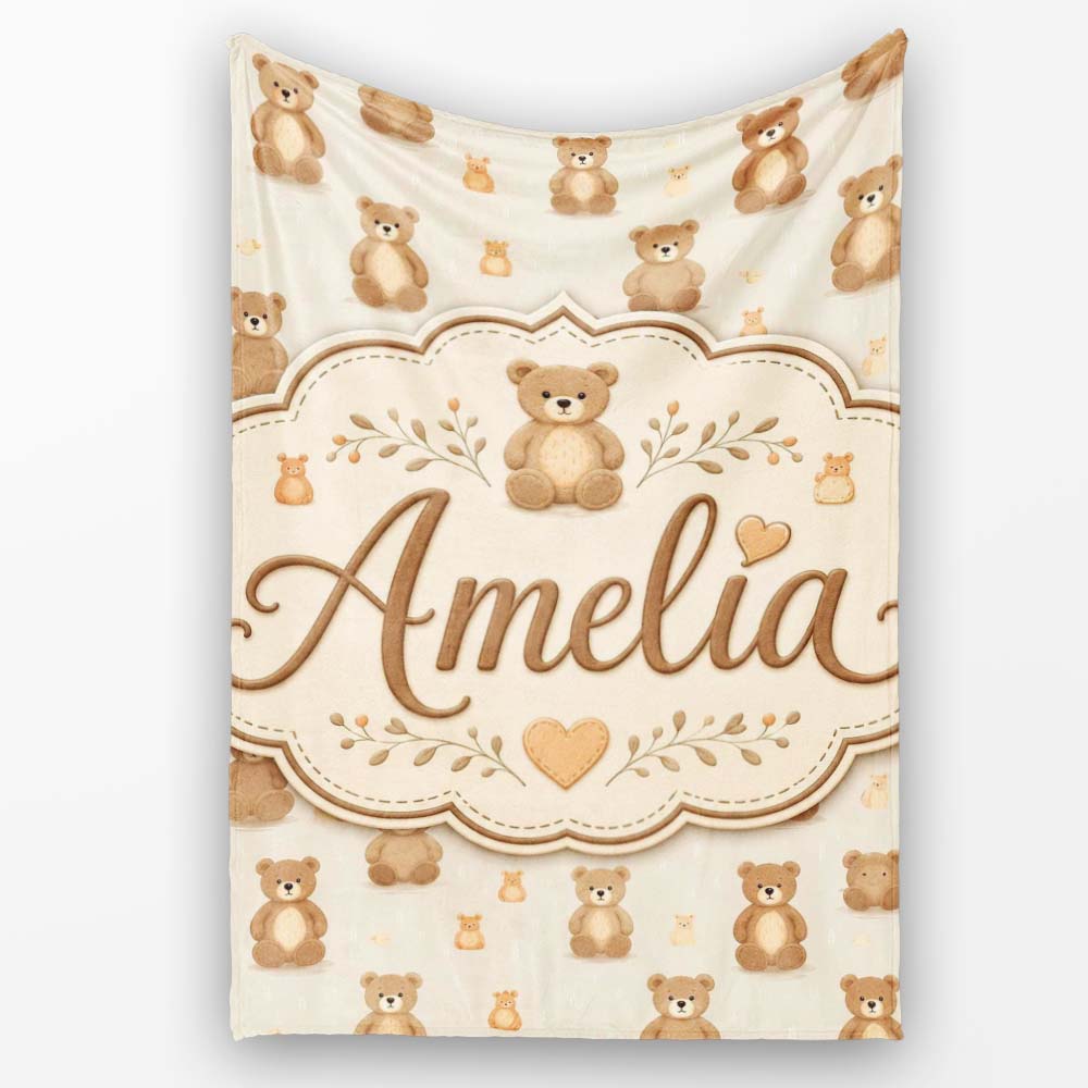 Cute Teddy Bear Minimal Nursery Seamless Pattern Cute Unique Gift Personalised Custom Name Super Soft Fleece Blanket Bed Sofa Throw
