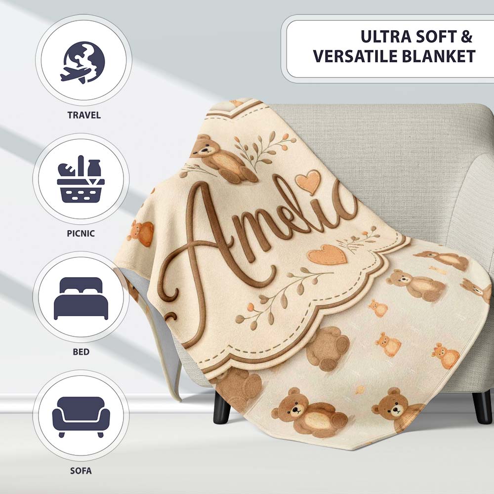 Cute Teddy Bear Minimal Nursery Seamless Pattern Cute Unique Gift Personalised Custom Name Super Soft Fleece Blanket Bed Sofa Throw