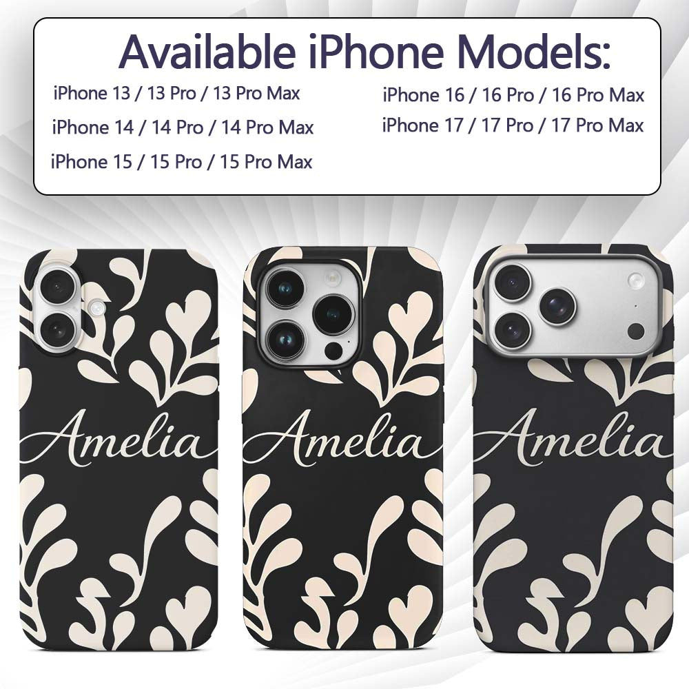 Midnight Botanical Flow Black Cream Abstract Leaf Custom Name Protective Phone Case Mobile Cover Durable Everyday Smartphone Shock Resistant