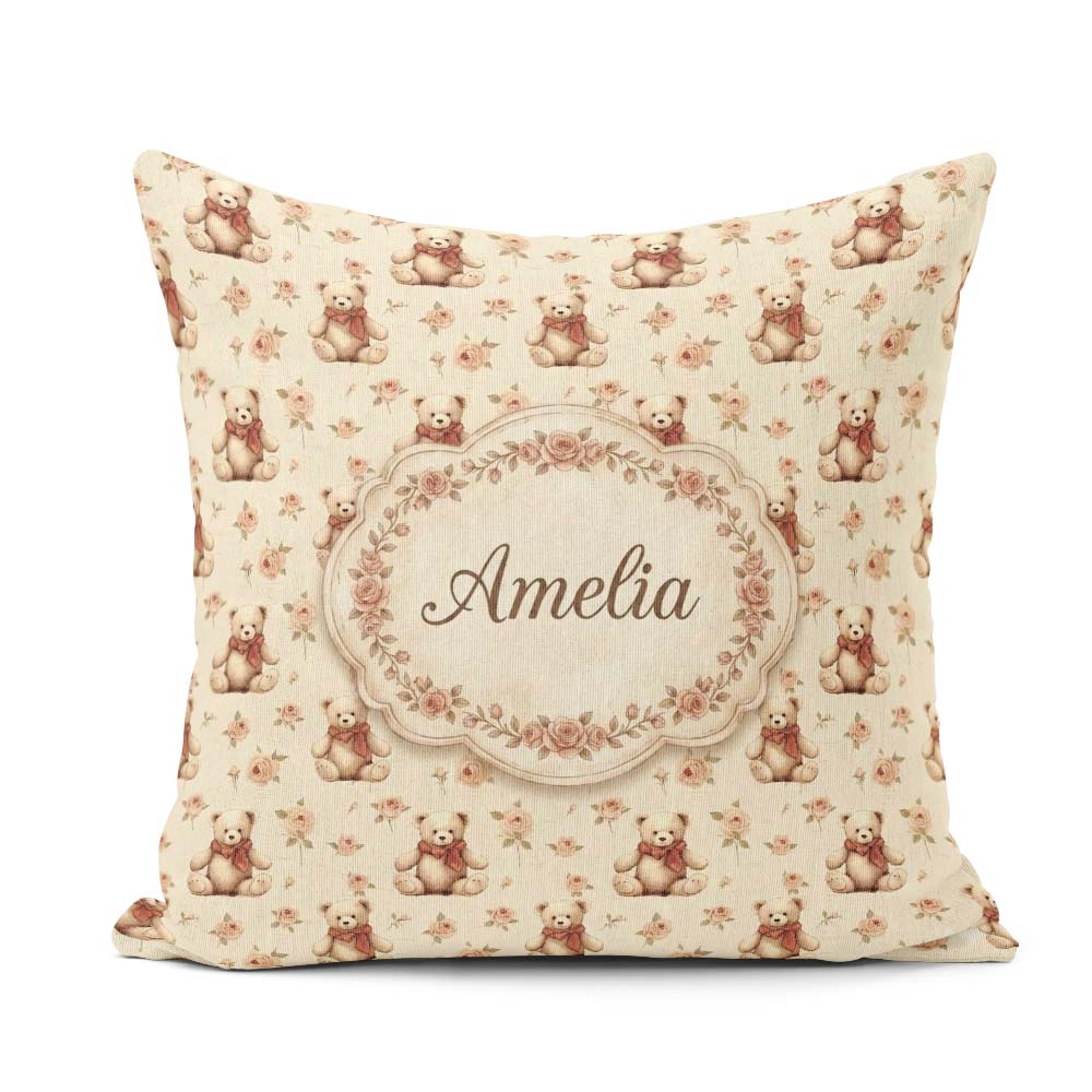 Custom Name Adorable Teddy Bear with Rose Floral Seamless Lovely Square Filled Cushion Throw Pillow Sofa Bed Home Decor Zip Washable UK Made